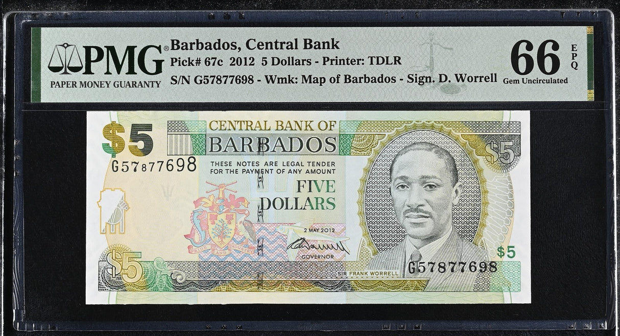 Barbados 5 Dollars 2012 P 67 c Gem UNC PMG 66 EPQ