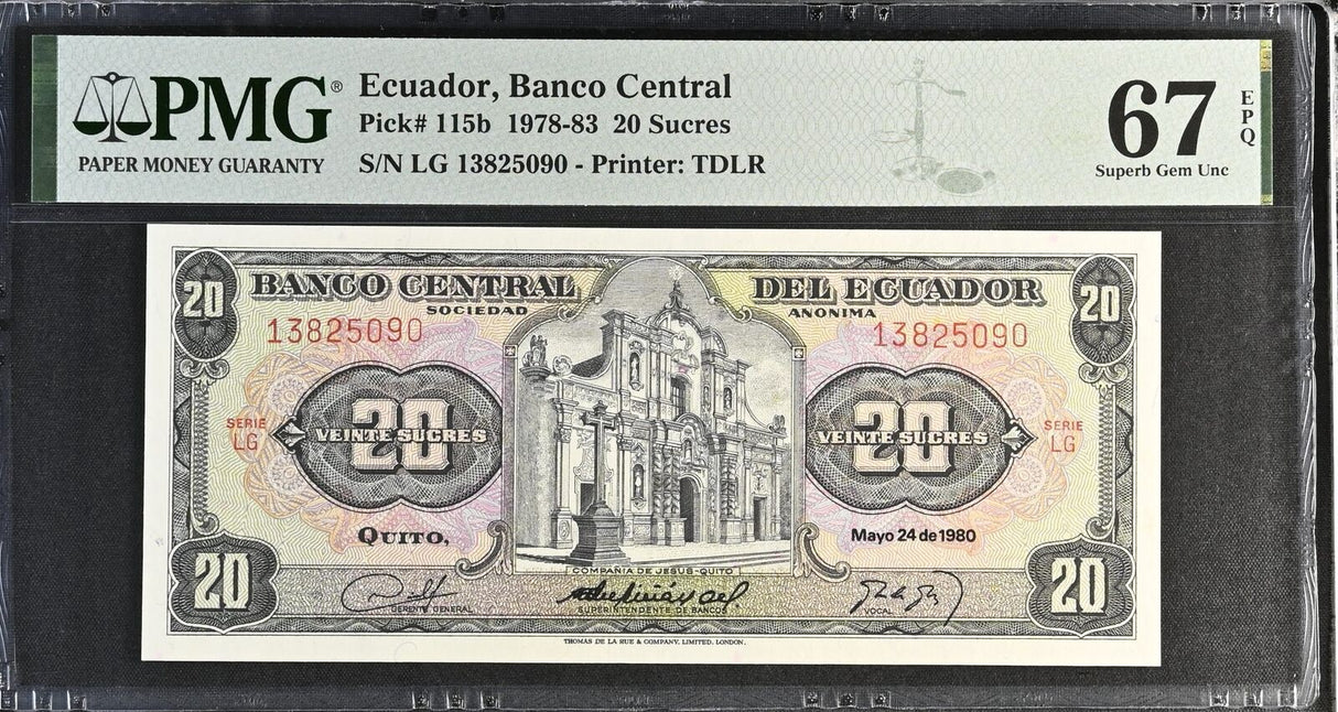 Ecuador 20 Sucres 1980 P 115 b Superb Gem UNC PMG 67 EPQ TOP POP