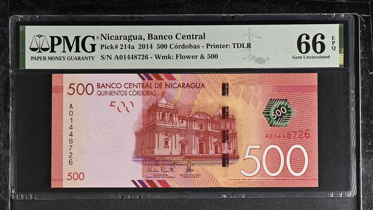 Nicaragua 500 Cordobas 2014 P 214 a Gem UNC PMG 66 EPQ
