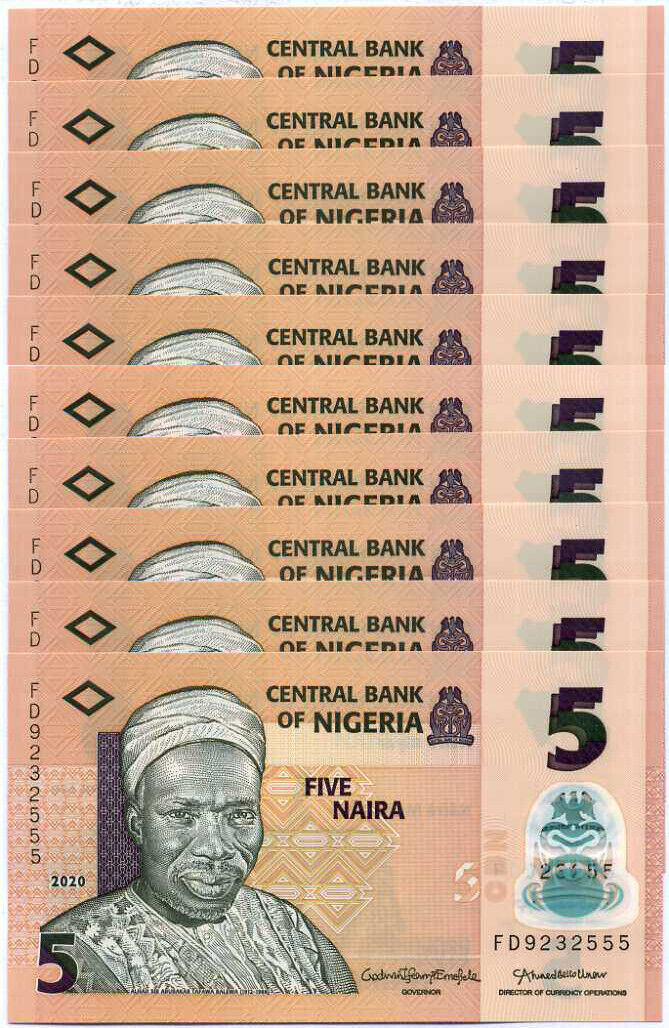Nigeria 5 Naira Mixed Year P 38 Polymer UNC Lot 20 Pcs