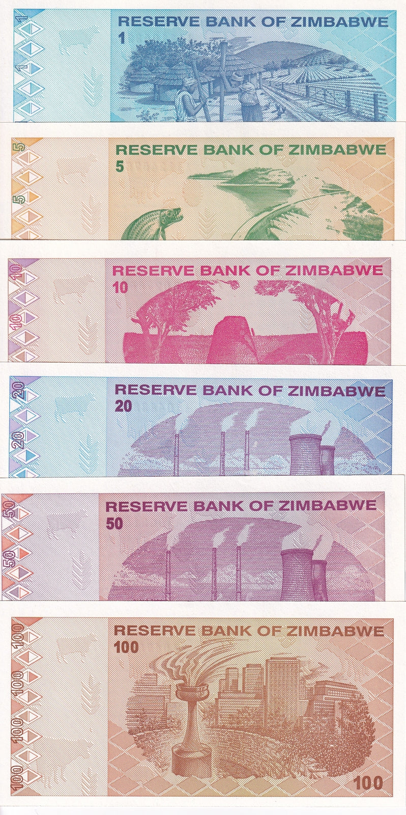 Zimbabwe Set 6 PCS 1 5 10 20 50 100 Dollars 2009 P 92 93 94 95 96 97 UNC