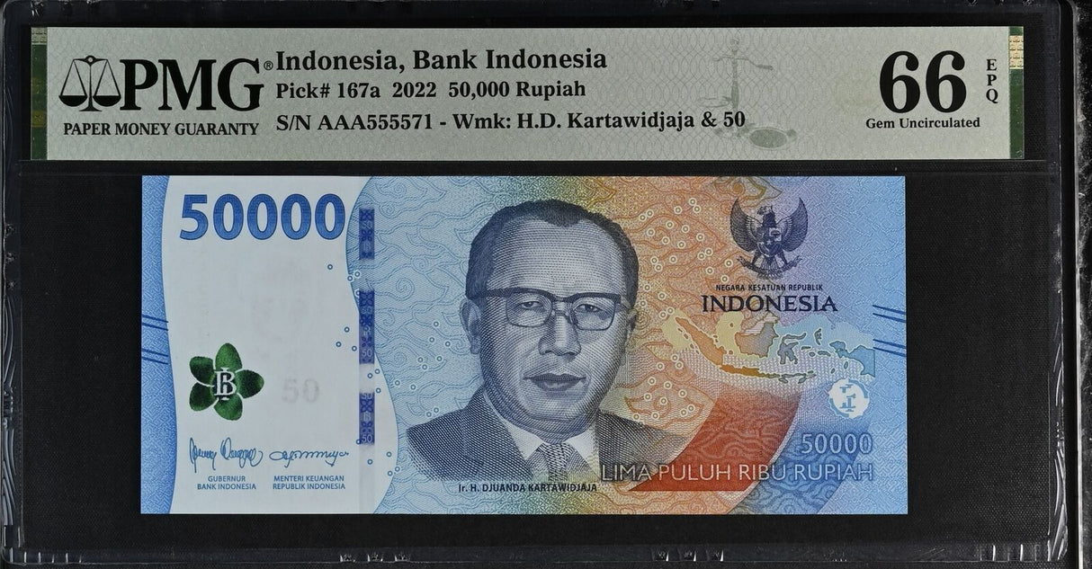 Indonesia 50000 Rupiah 2022 P 167 a NICE # AAA555571 Gem UNC PMG 66 EPQ