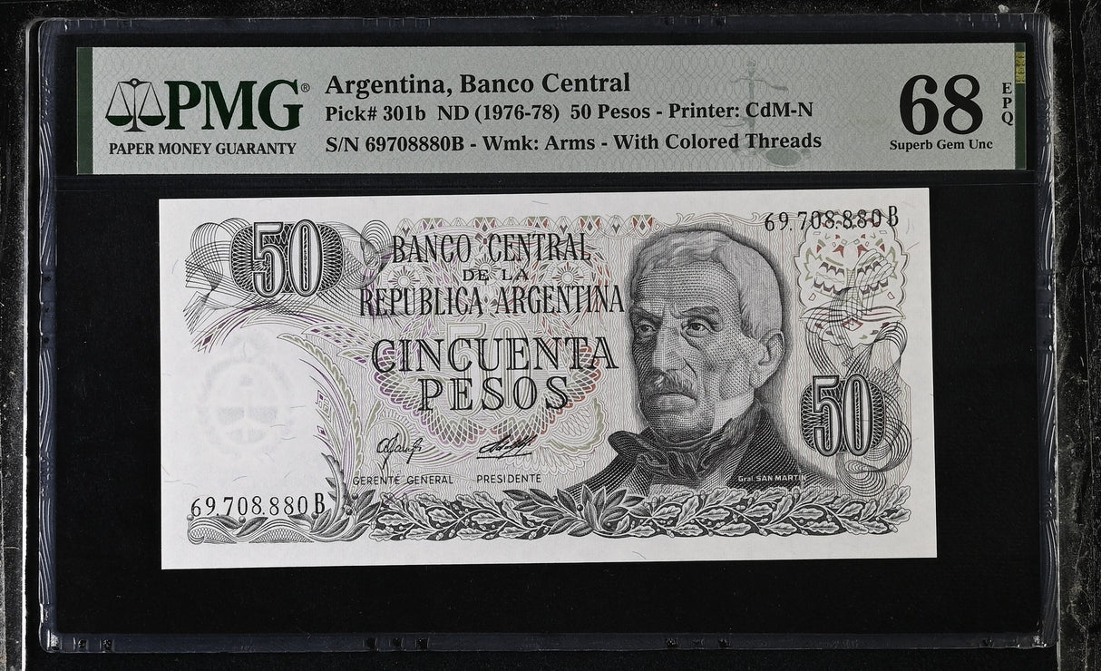 Argentina 50 Pesos ND 1976-1978 P 301 b Superb Gem UNC PMG 68 EPQ TOP POP