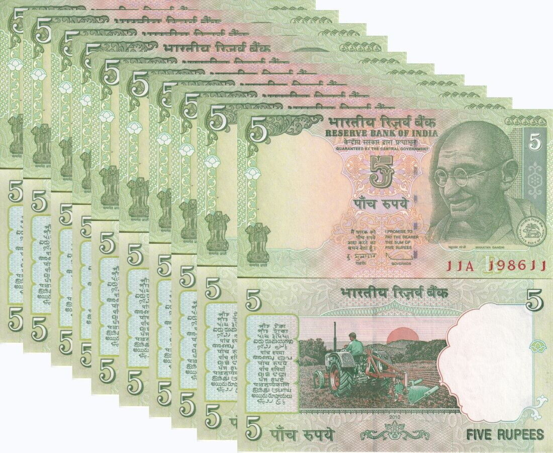India 5 Rupees 2010 P 94 Ad UNC LOT 10 PCS