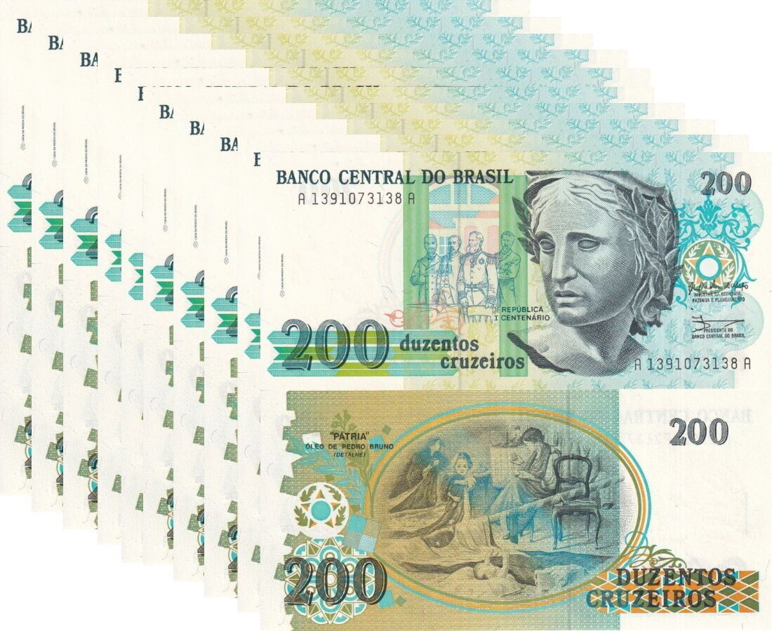 Brazil 200 Cruzeiros ND 1990-1993 P 229 UNC LOT 10 Pcs