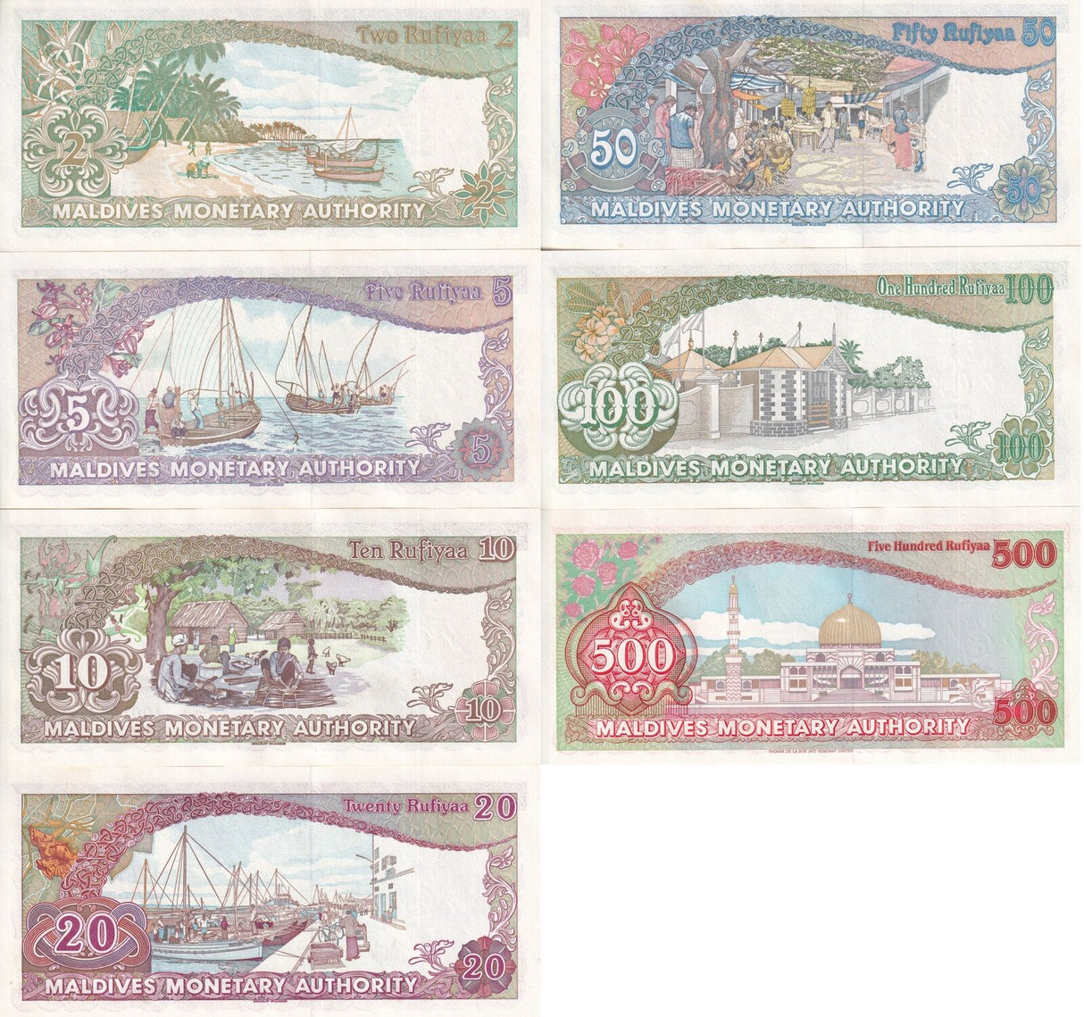 Maldives Set 7 UNC 2 5 10 20 50 100 500 Rufiyaa 1983-1990 UNC P 9 -13 14 17