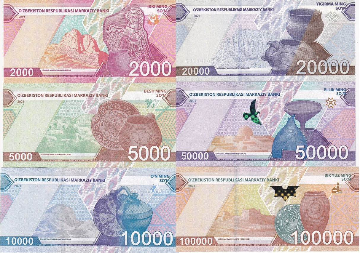 Uzbekistan Set 6 Pcs 2000 - 100000 Som 2021 2022 P 87 88 89 90 91 92 UNC