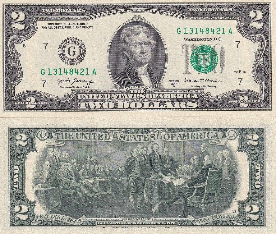 United States 2 Dollars USA 2017A P 545 Chicago IL "G" UNC LOT 100 Pcs 1 BUNDLE