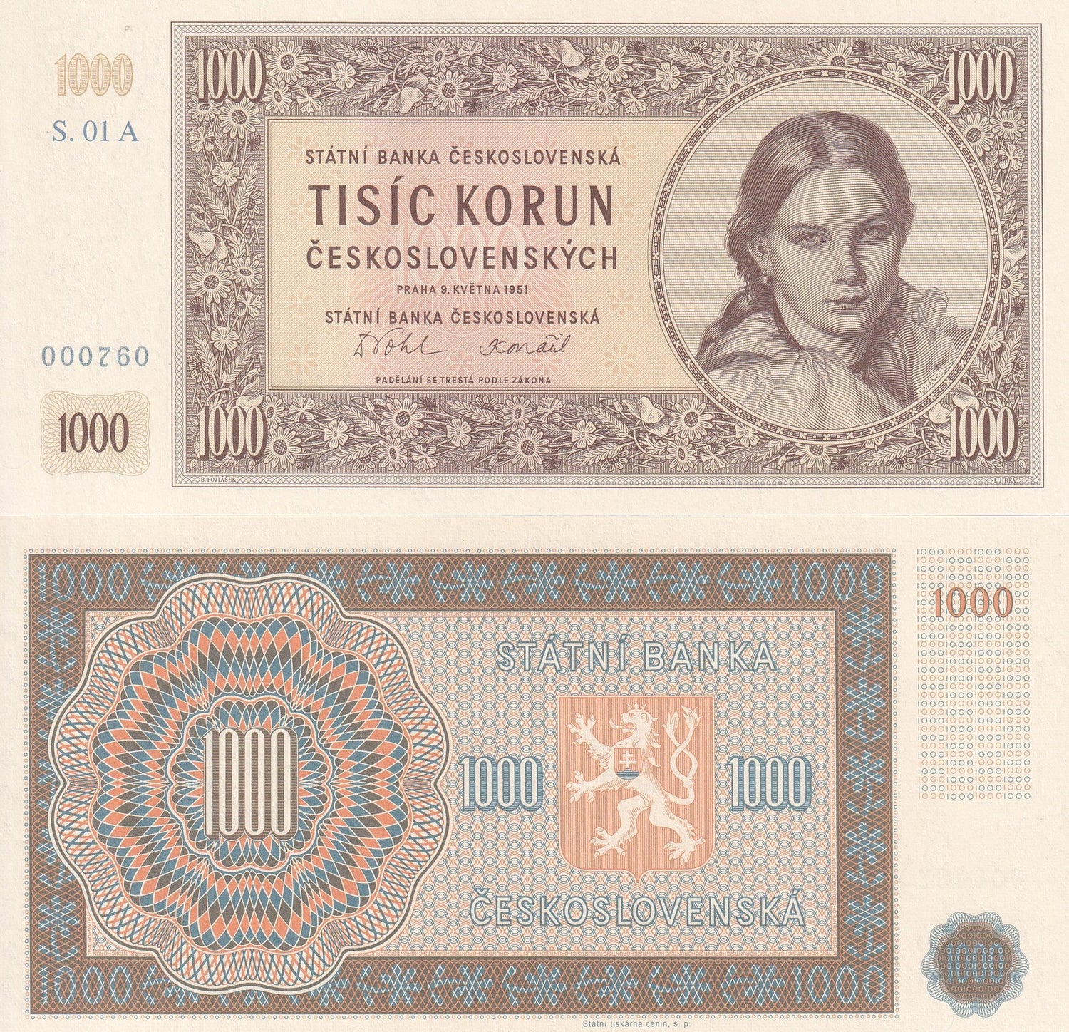 Czechoslovakia 1000 Korun 1951/2023 P 77 Official Reprint W/Folder UNC