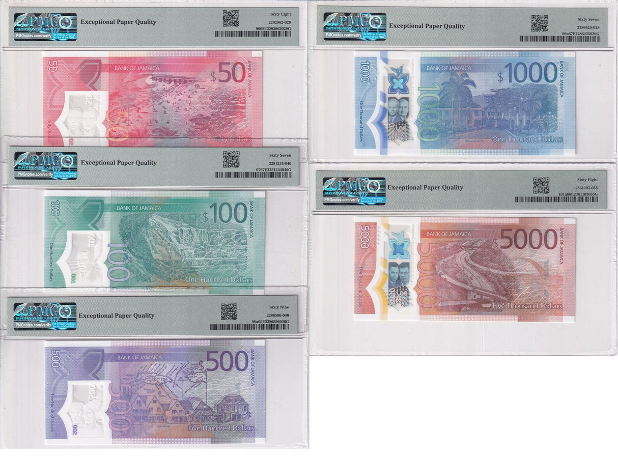 Jamaica Set 5; 50-5000 Dollars 2022 P 96-P 101 Superb Gem UNC PMG 67 68 69 EPQ
