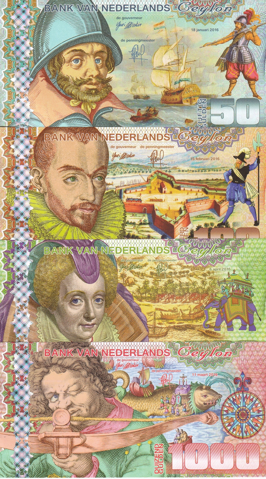 Netherlands Ceylon Set 4 PCS 50 100 500 1000 Gulden 2016 Fantasy OX Ship