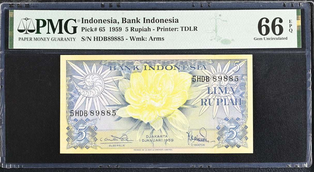 Indonesia 5 Rupiah 1959 P 65 3 LETTER Gem UNC PMG 66 EPQ