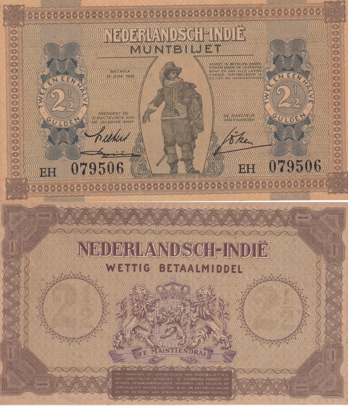 Netherlands Indies 2 1/2 Gulden ND 1940 P 109 AUnc