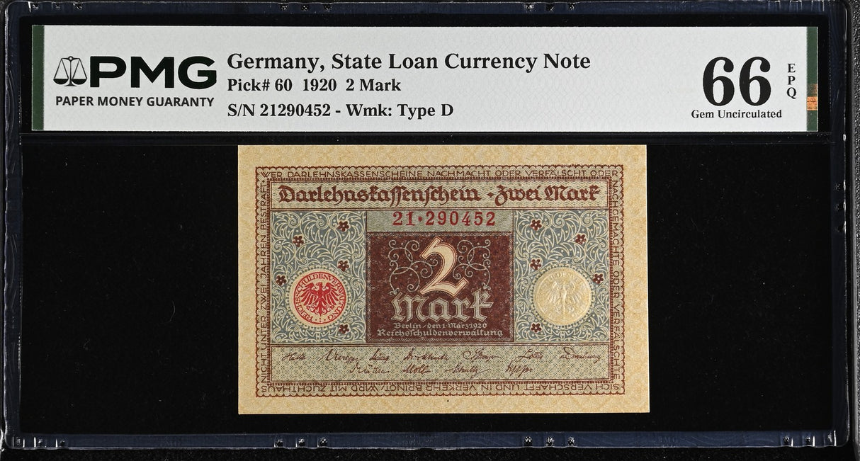 Germany 2 Mark 1920 P 60 Gem UNC PMG 66 EPQ