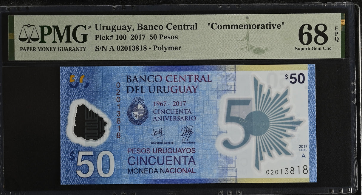 Uruguay 50 Pesos 2017 Polymer Commemorative P 100 Superb Gem UNC PMG 68 EPQ
