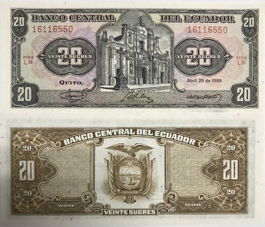 Ecuador 20 Sucres 1986 Series LM P 121Aa UNC Little Tone