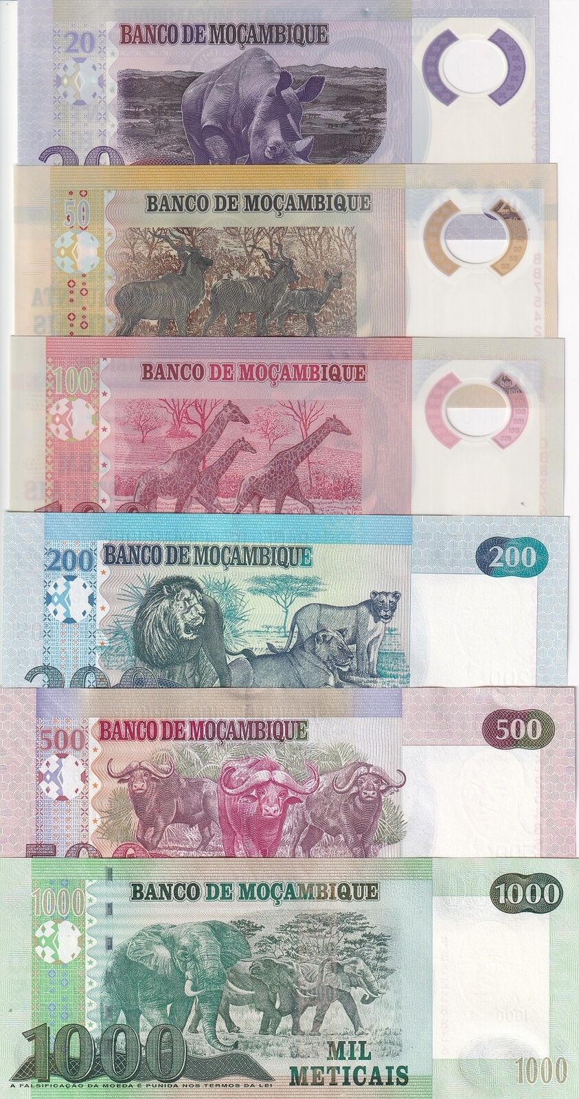 Mozambique Set 6 UNC 20 50 100 200-1000 Meticais 2011-2017 P 149 150 154 Polymer