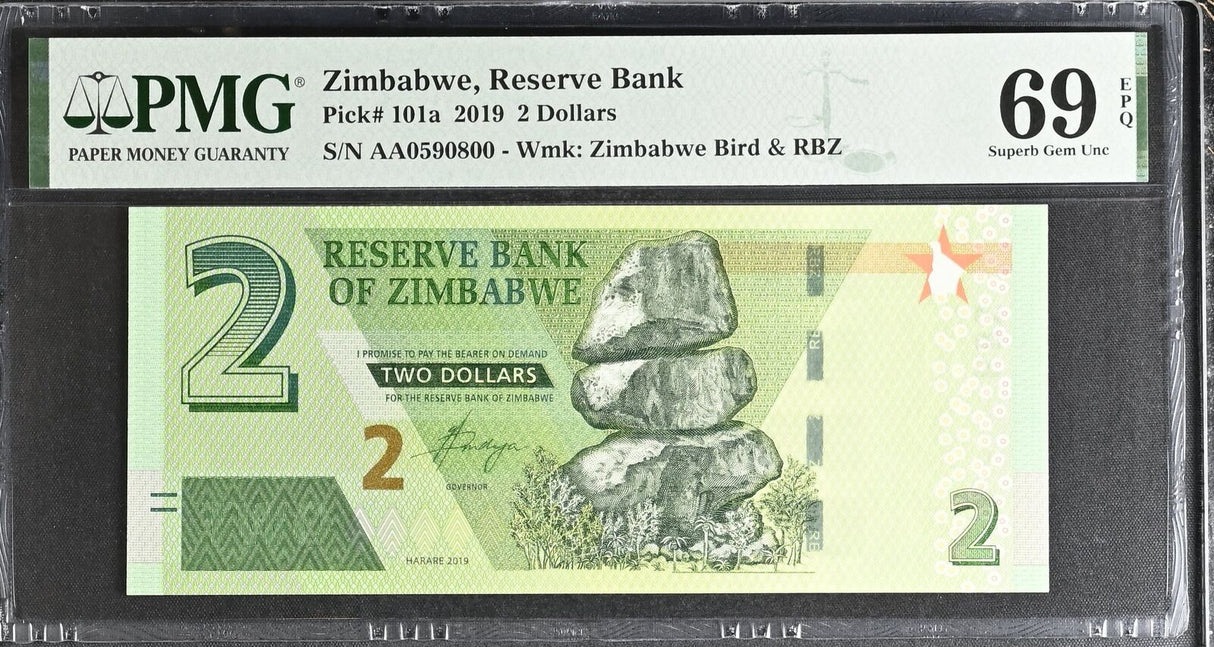 Zimbabwe 2 dollars 2019 P 101 a Superb Gem UNC PMG 69 EPQ