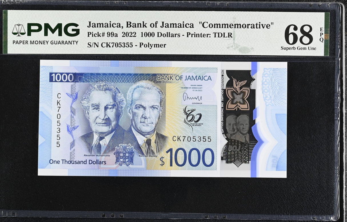 Jamaica 1000 Dollars 2022 P 99 a Polymer Commemorative Superb Gem UNC PMG 68 EPQ