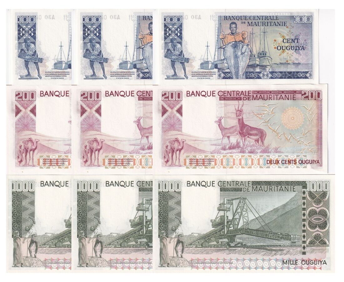 Mauritania SET 3 LOT 3 = 9 UNC 100 200 1000 Ouguiya 1975 1977 P 3A 3B 3C TDLR Issued 2024