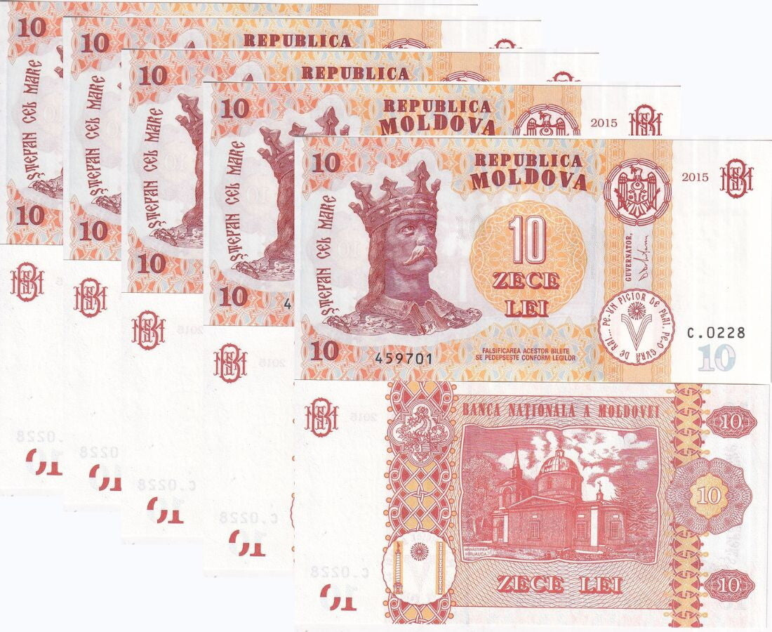 Moldova 10 Lei 2015 P 22 LOT 5 PCS UNC