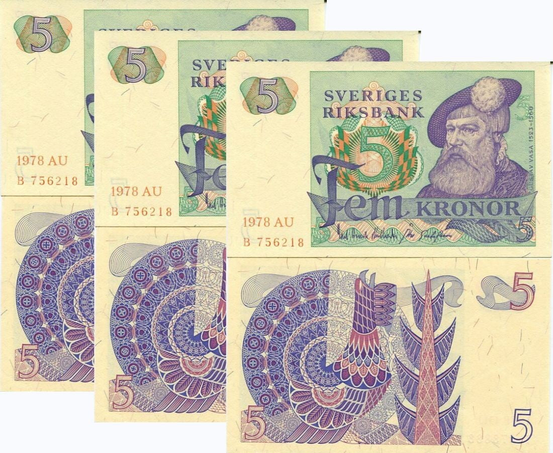 Sweden 5 Kronor Mixed Year P 51 UNC LOT 3 PCS