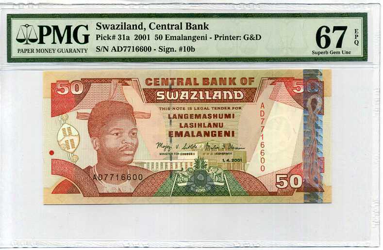 Swaziland 50 Emalangeni 2001 P 31 Superb Gem UNC PMG 67 EPQ