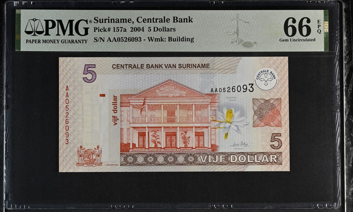 Suriname 5 Dollars 2004 P 157 a Gem UNC PMG 66 EPQ