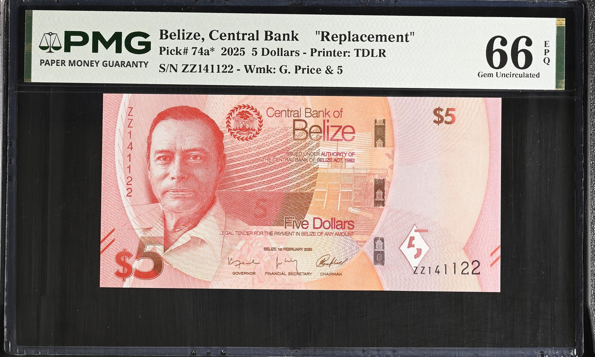 Belize 5 Dollars 2025 P 74 a* Replacement Z Prefix Gem UNC PMG 66 EPQ