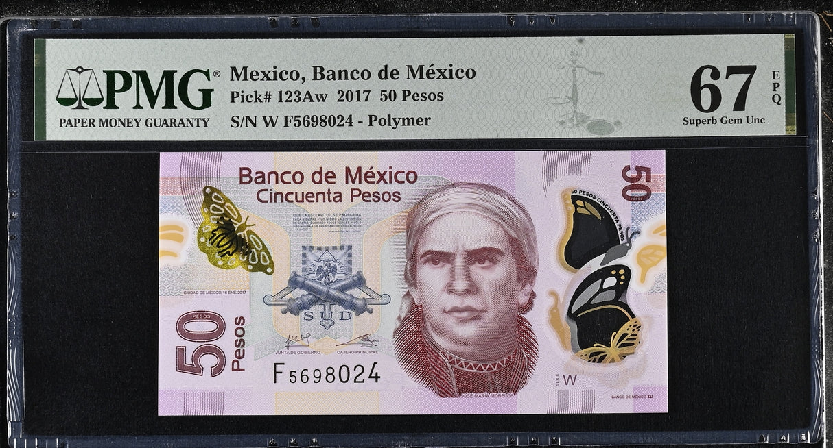 Mexico 50 Pesos 2017 P 123Aw Series W Polymer Superb Gem UNC PMG 67 EPQ