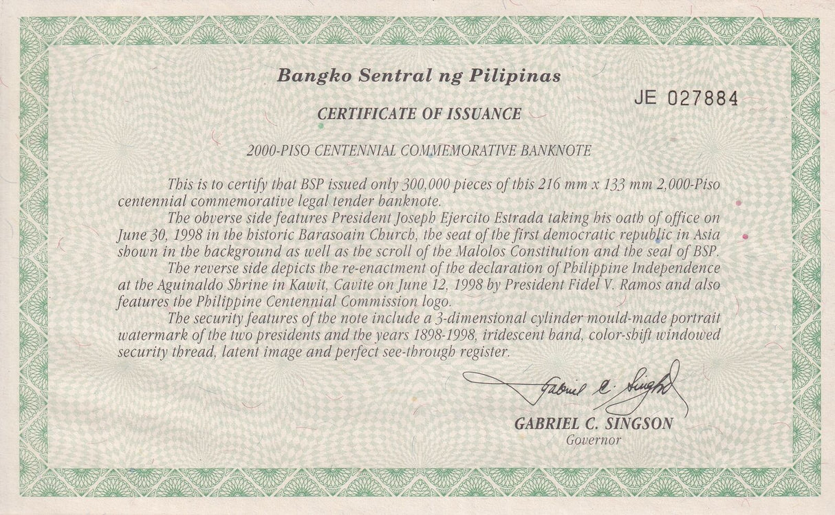Philippines 2000 Piso 1998 Commemorative Centennial P 189 UNC W/Certificate