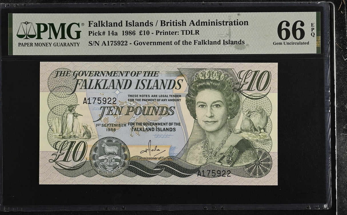 Falkland Island 10 Pounds 1986 P 14 a QEII Gem UNC PMG 66 EPQ