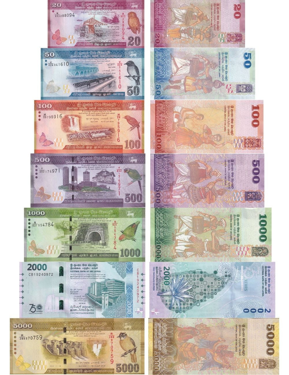 Sri Lanka Set 7 UNC 20 50 100 500-2000 5000 Rupees 2022-2025 Dvithva Liya Vela