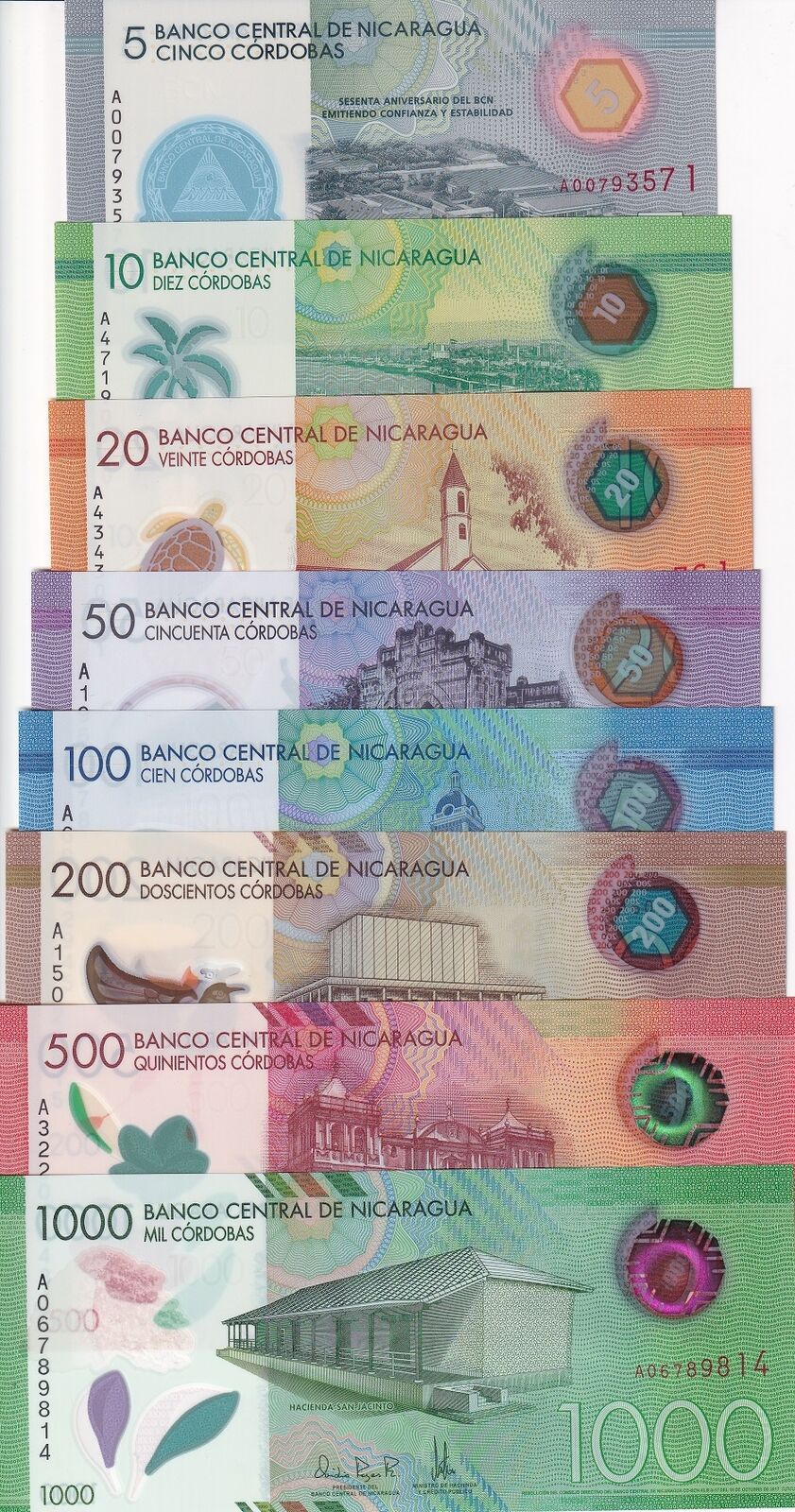 Nicaragua Set 8 UNC 5 10 20 50 1000 Cordobas 2014-2021 Polymer Paper P 209 - 219