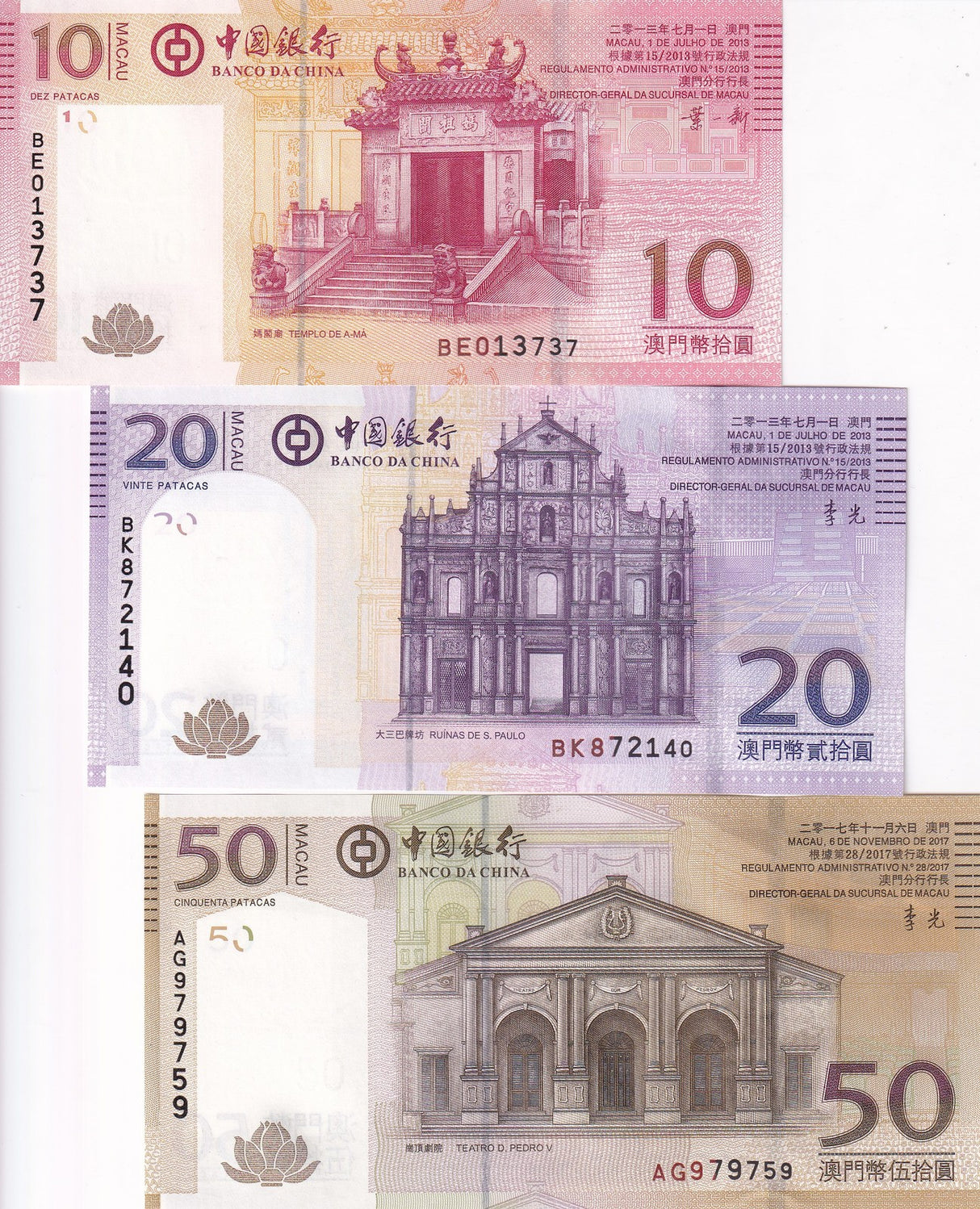 Macau Set 3 PCS 10 20 50 Patacas Random Year P 108 P 109 P 110 UNC