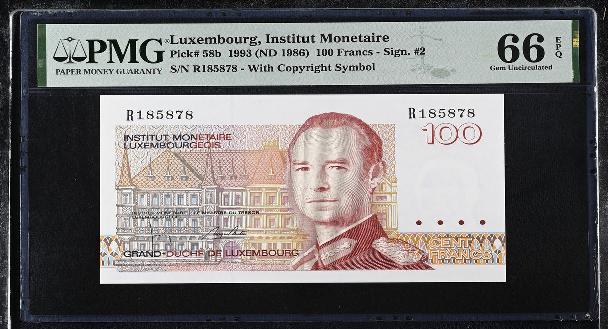 LUXEMBOURG 100 FRANCS 1993 ND 1986 P 58 b Gem UNC PMG 66 EPQ