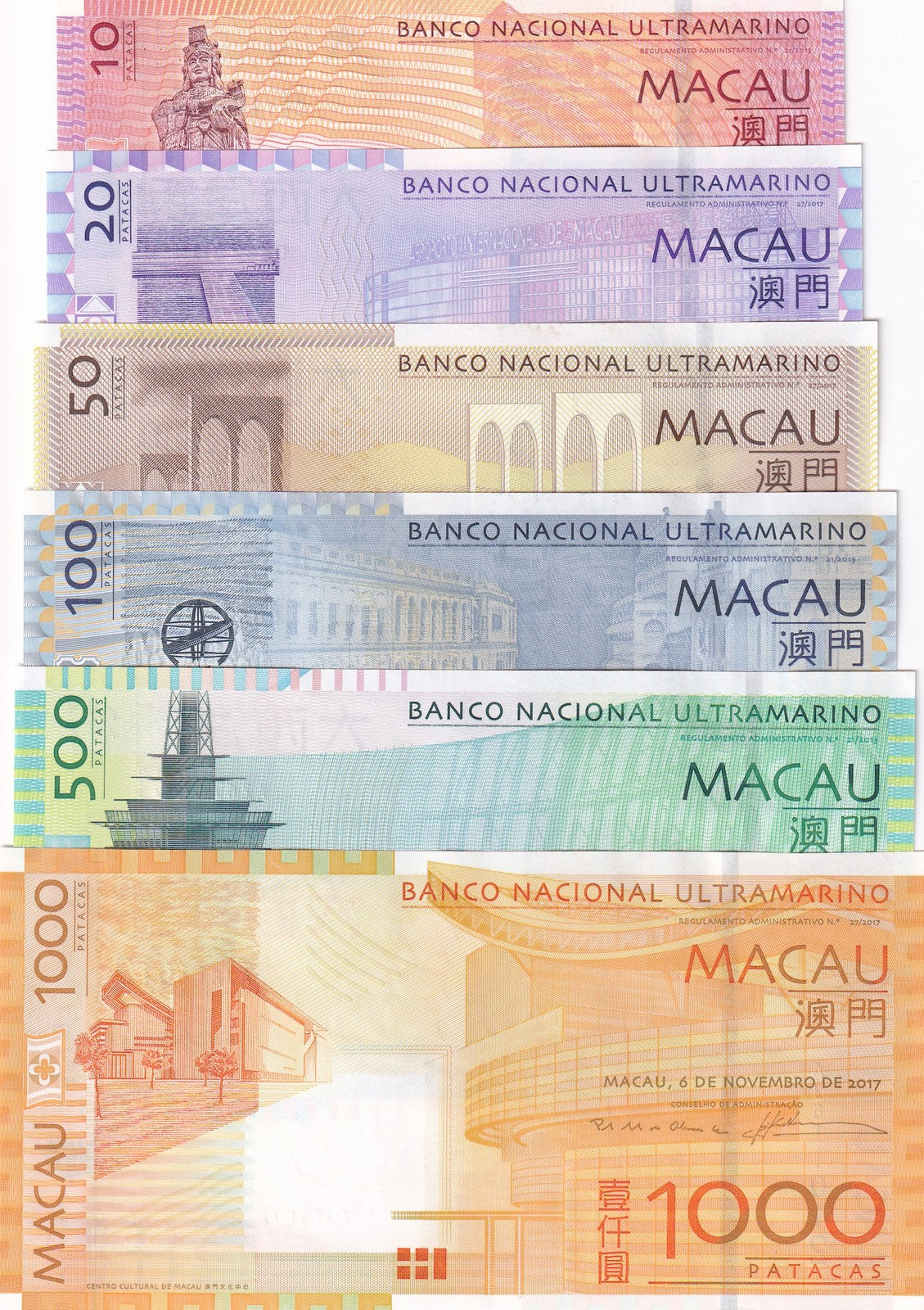 Macau Set 6 UNC 10 20 50 100 500 1000 Patacas 2013 - 2017 P 80 81 81A 82 83 84