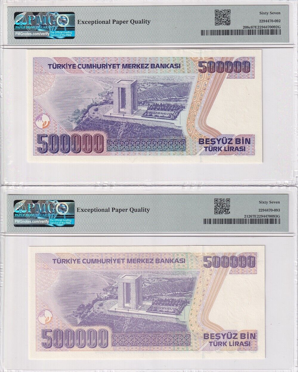 Turkey Set 2; 500000 Lirasi 1970 P 208 P 212 Superb Gem UNC PMG 67 EPQ