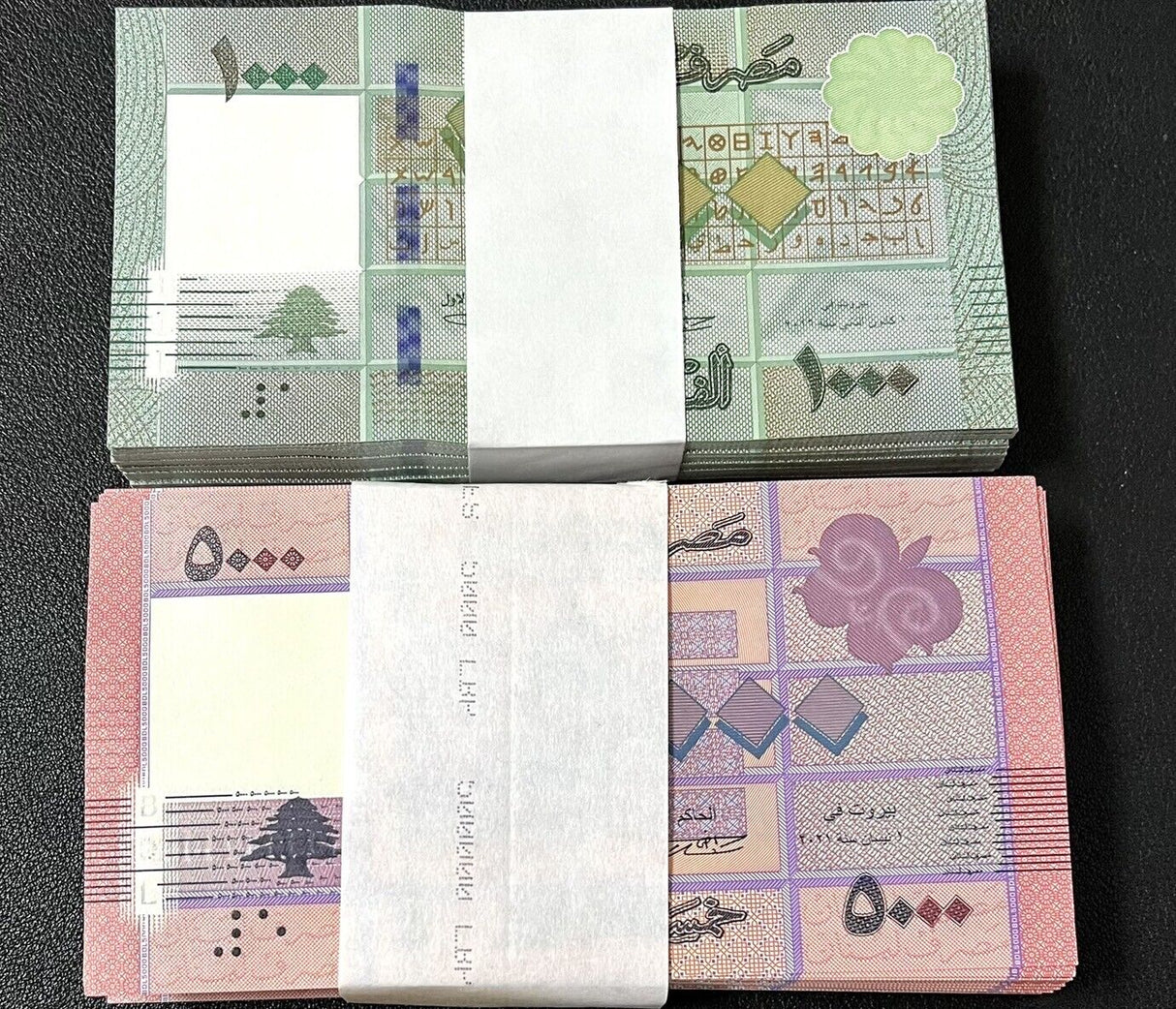 Lebanon Set 2 X 100 UNC 1000 5000 Livres Random Date P 90 91 = Lot 2 Bundle
