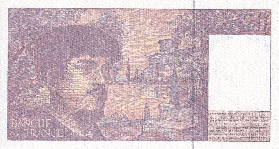 France 20 Francs 1995 P 151 h UNC Claude Debussy, lake scene, La Mer