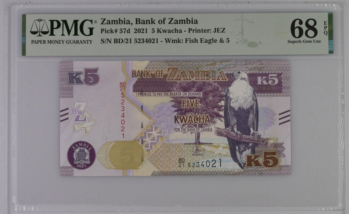 Zambia 5 Kwacha 2021 P 57 d Superb Gem UNC PMG 68 EPQ TOP POP