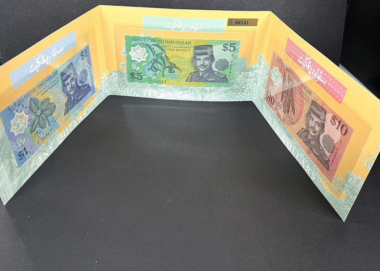Brunei Set 3 UNC 1 5 10 Ringgit 1996 Comm. Polymer P 22 23 24 Matching W/FOLDER