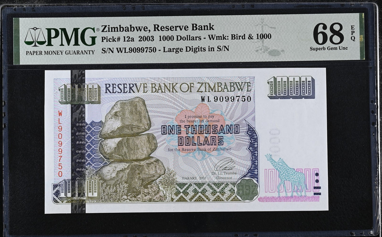 Zimbabwe 1000 Dollars 2003 P 12 a Large Digits Superb GEM UNC PMG 68 EPQ