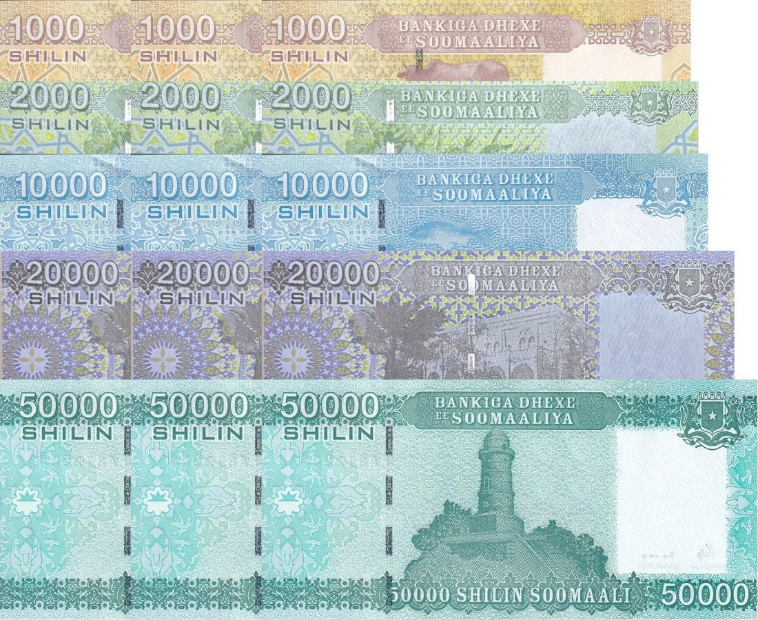 Somalia Set 5 x Lot 5 Pcs = 15 UNC 1000 2000 10000 20000 50000 S ND 2010 P 38-43