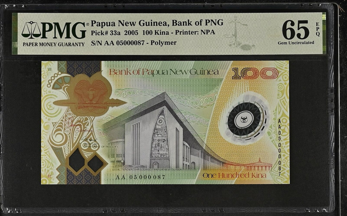 Papua New Guinea 100 Kina 2005 P 33 AA Prefix Low 87 Polymer GEM UNC PMG 65 EPQ