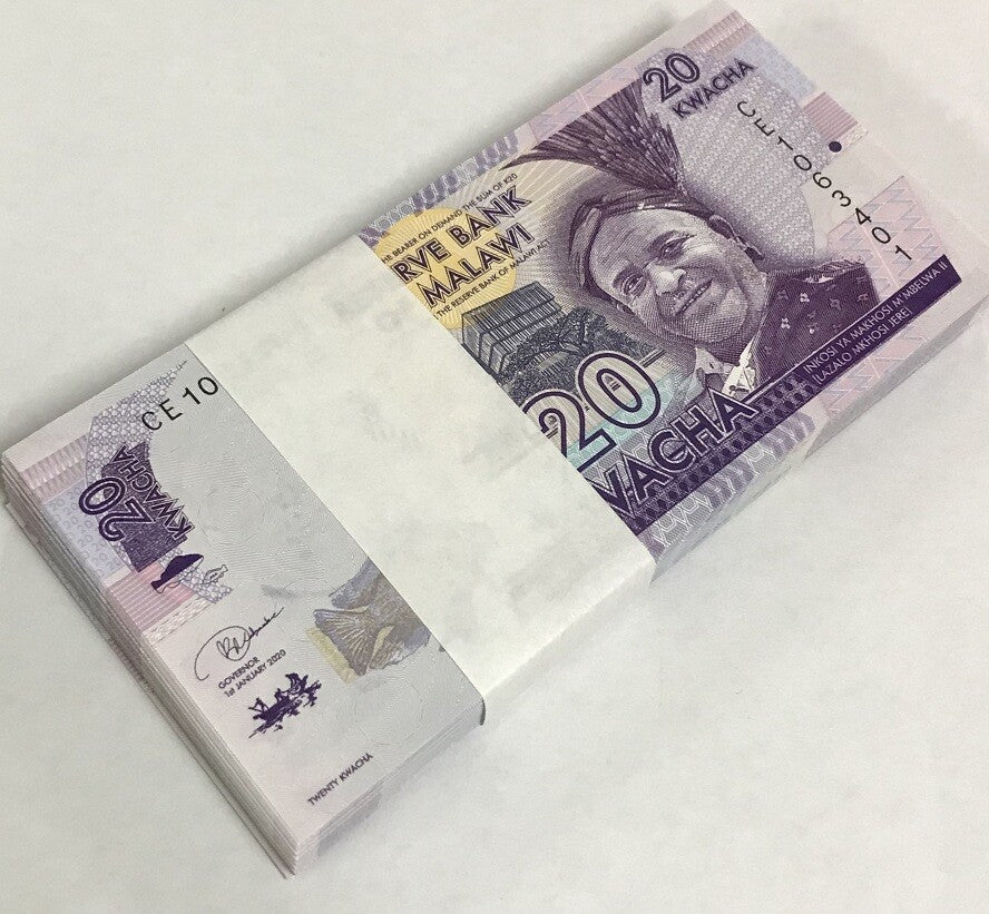 Malawi 20 Kwacha Random Date P 63 UNC LOT 100 Pcs 1 BUNDLE