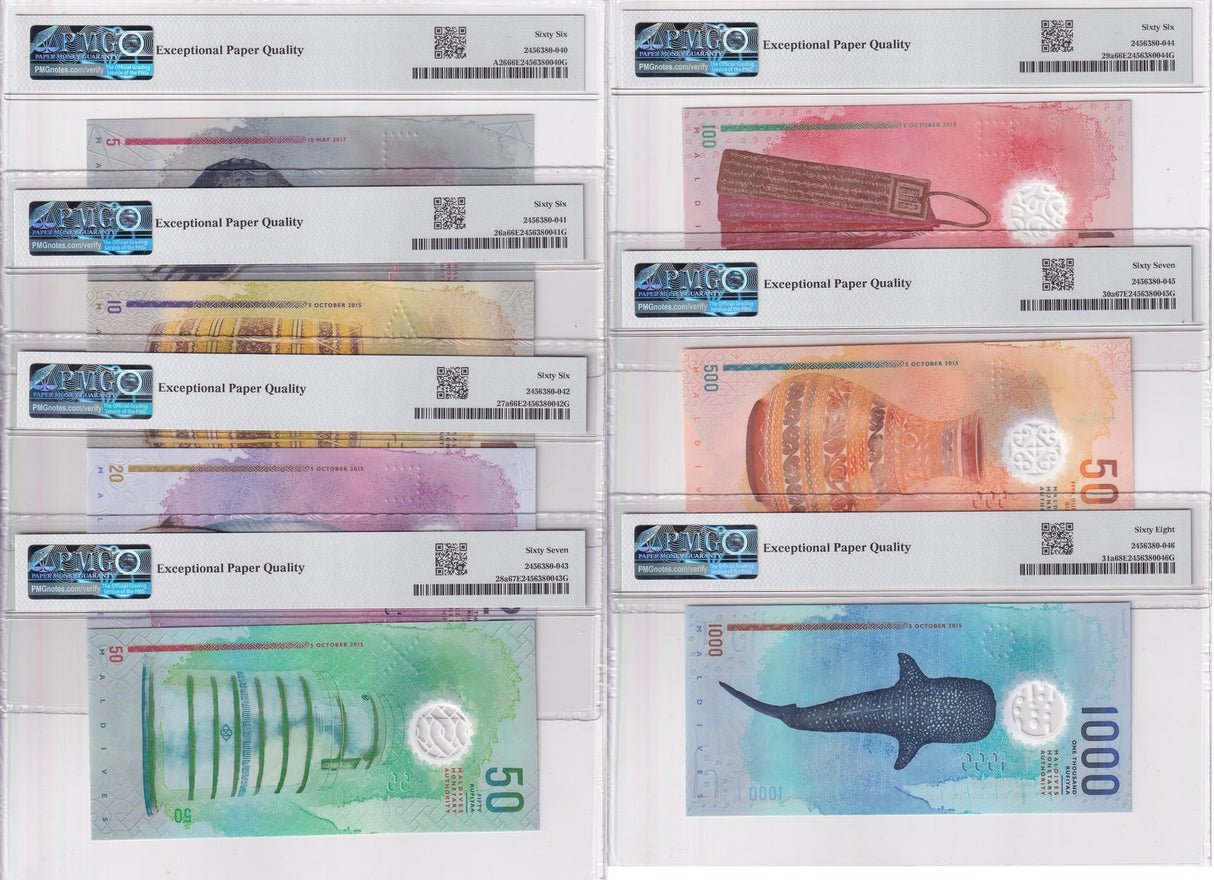 Maldives set 7; 5 -1000 Rufiyaa 2015 Matching P A26-P31 Gem UNC PMG 66 67 68 EPQ