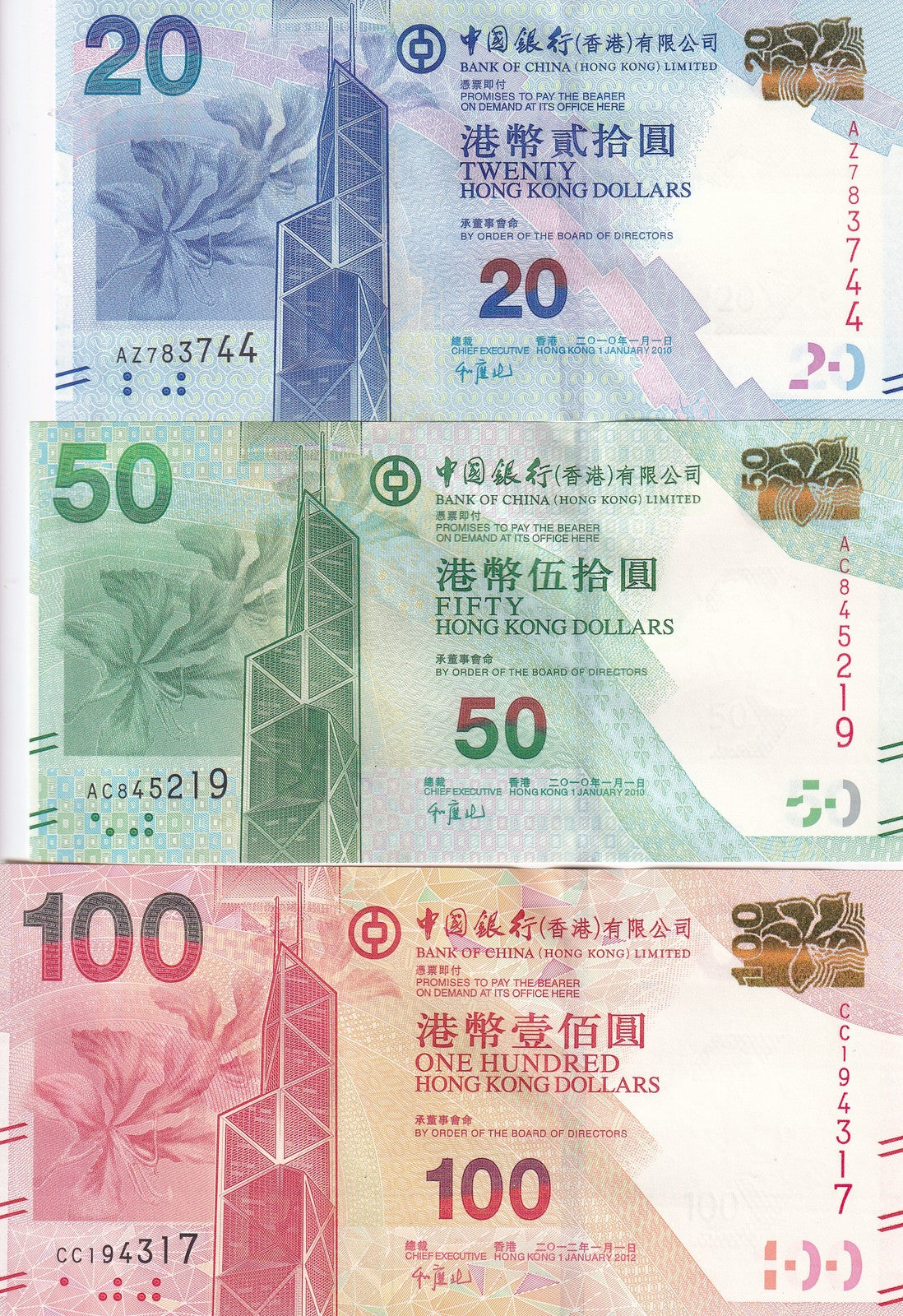 Hong Kong Set 3 UNC 20 50 100 Dollars Random Years P 341 342 343 BOC