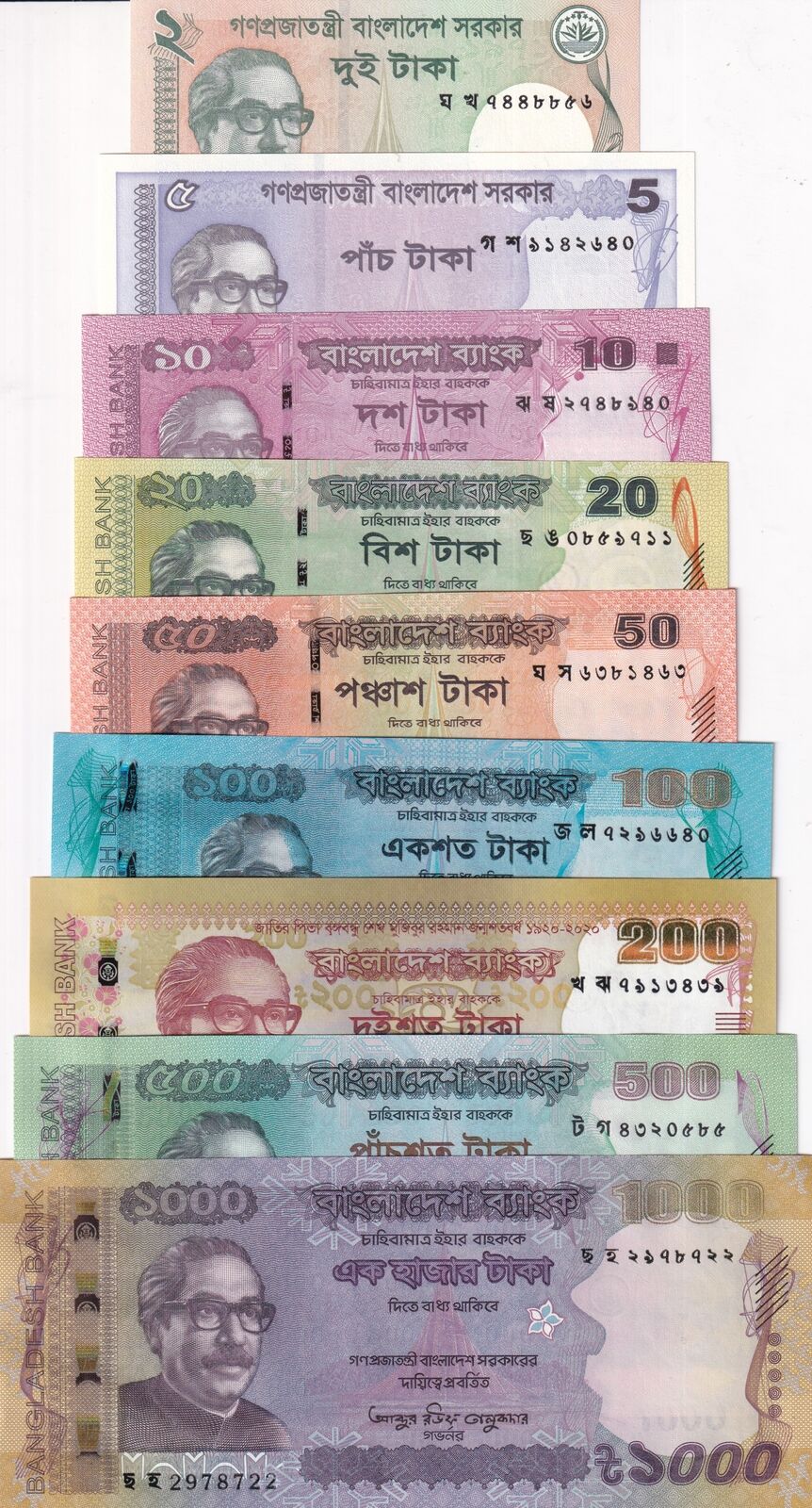 Bangladesh Set 9 PCS 2 5 10 20 50 100 500 1000 Taka 2016 - 2022 UNC