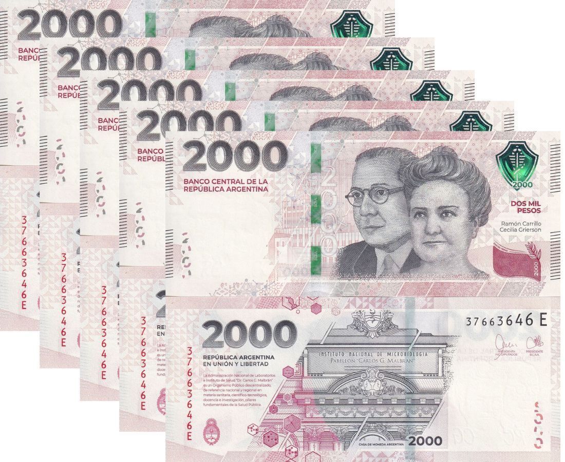 Argentina 2000 Pesos 2023 Comm. P 368 b New Security UNC LOT 5Pcs